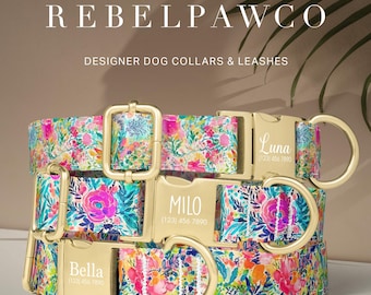 Watercolor Floral Dog Collar, Flower Dog Collar Engraved, Spring Summer Dog Collar, Adjustable Collar, Matching Leash Set, Dog Gifts, HC71