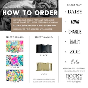 May include: Image showing options for a personalized dog collar. Includes design styles with floral patterns, buckle colors (black or gold), font choices, and instructions for ordering. The text reads "HOW TO ORDER" and provides an example.