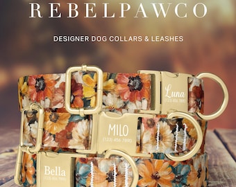 Fall Watercolor Floral Dog Collar Personalized, Autumn Flower Dog Collar with Name, Pet Collar w/ Name Engraving, Collar/Leash Set, HC130
