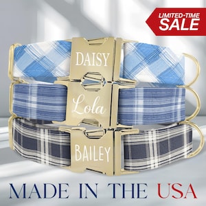 Blue Plaid Dog Collar Personalized, Plaid Dog Collars with Name, Custom Checkered Dog Collar, Collar Leash Set, Wedding Dog Collar, HC30