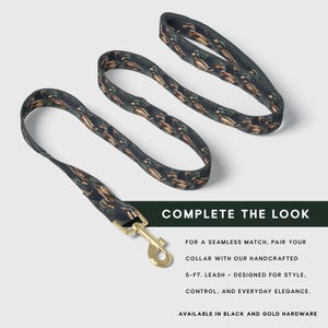 Puede incluir: Una correa para perros de 152 cm con un fondo oscuro y un estampado de patos. La correa tiene un cierre met&aacute;lico de color dorado. El texto "COMPLETE THE LOOK" est&aacute; en la parte inferior de la imagen, junto con texto sobre la correa.
