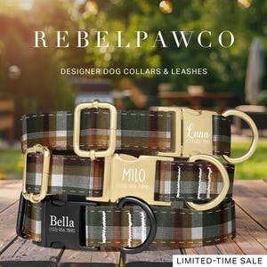 May include: Three dog collars with a green, brown, and white plaid design. The collars feature gold or black buckles engraved with names and phone numbers. The brand name "REBELPAWCO" is visible, with "LIMITED-TIME SALE" at the bottom.