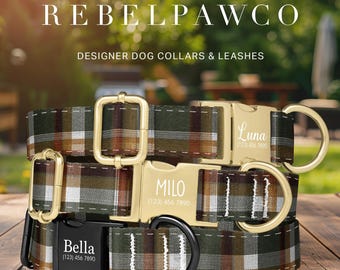 Rustic Plaid Dog Collar Boy Custom, Heritage Tartan Dog Collar, Green Spring Dog Collars with Engraved Name, Adjustable, Leash Set, HC253