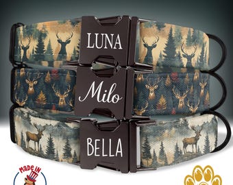 Dog Collar Deer Print, Dog Collar Nature and Outdoors, Personalized with Dog Name and Phone Number, Metal Buckle, Custom Collar Leash, HC38