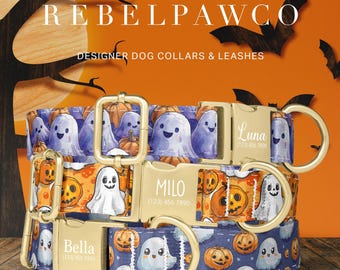 Cute Ghosts and Pumpkins Dog Collar Personalized, Spooky Dog Collar Custom Engraved with Name, Adjustable Collar with Matching Leash, HC151