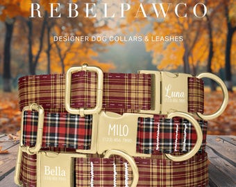 Fall Tartan Plaid Dog Collars and Matching Leash Sets, Autumn Season Pet Collars, Personalized Dog Collar Custom Engraved, Adjustable, HC175