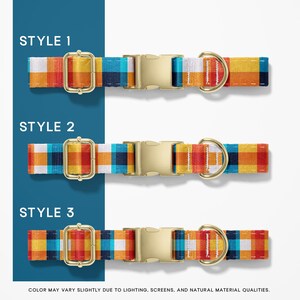 Plaid dog collar collection featuring multiple colorful designs with variations in orange, teal, and blue color combinations. Each design maintains a bold, preppy look while offering unique options within a bright aesthetic.