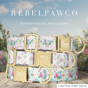 May include: Three designer dog collars with floral patterns and gold-colored hardware. The collars are personalized with the names "Luna", "Milo", and "Bella" and phone numbers. The text "REBELPAWCO" and "DESIGNER DOG COLLARS & LEASHES" are visible. "LIMITED-TIME SALE" is also displayed.