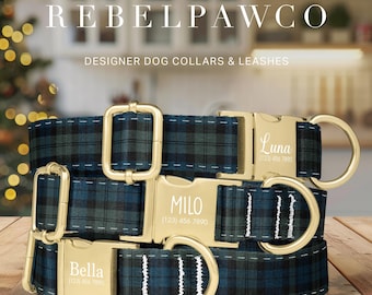 Scottish Black Watch Tartan Dog Collar with Name Engraved, Christmas Dog Collar Leash Set, Winter Plaid Dog Collar Fall, Adjustable, HC186