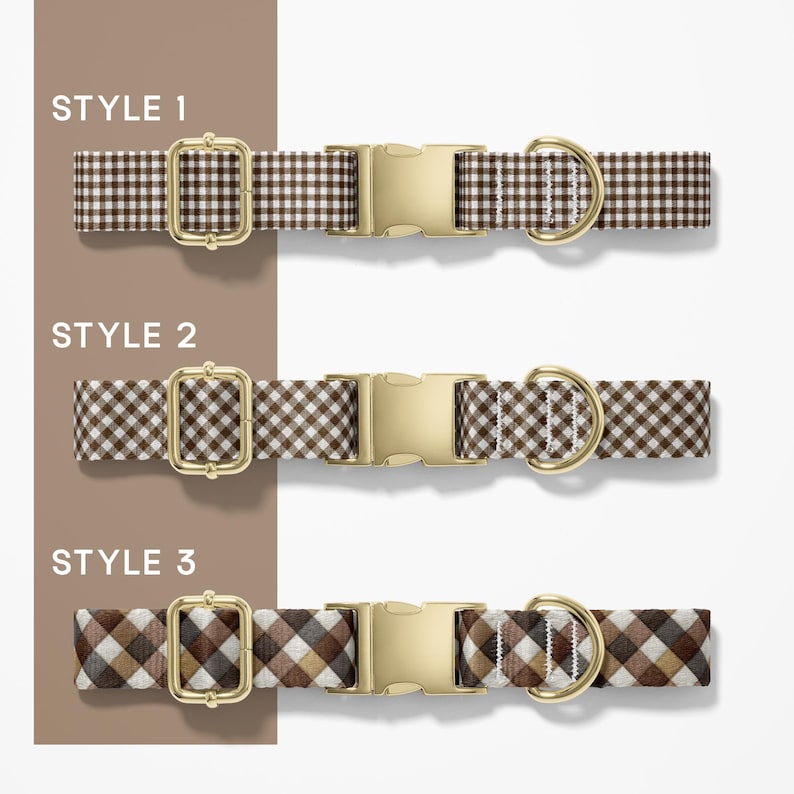 Może przedstawiać: Trzy obroże dla ps&oacute;w ze złotymi okuciami i brązowo-białymi wzorami w kratę. Obroże są oznaczone jako "STYLE 1", "STYLE 2" i "STYLE 3". Każda obroża ma klamrę i D-ring do mocowania smyczy.