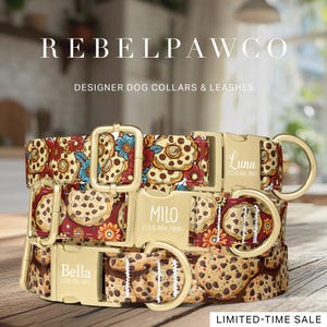 May include: Designer dog collars with cookie and floral patterns. The collars have gold-colored buckles with the names "Luna", "Milo", and "Bella" engraved. The text "REBELPAWCO" and "LIMITED-TIME SALE" are also visible.