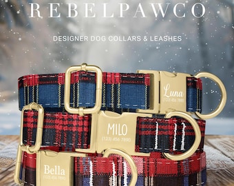 Winter Plaid Dog Collar Leash Set, Custom Tartan Personalized Dog Collar, Pet Name Engraving, Adjustable Collar Metal Buckle, HC215