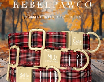 Plaid Personalized Dog Collar and Leash Set, Tartan Dog Collar with Engraved Name, Checked Dog Collar, Metal Buckle, Adjustable, HC176
