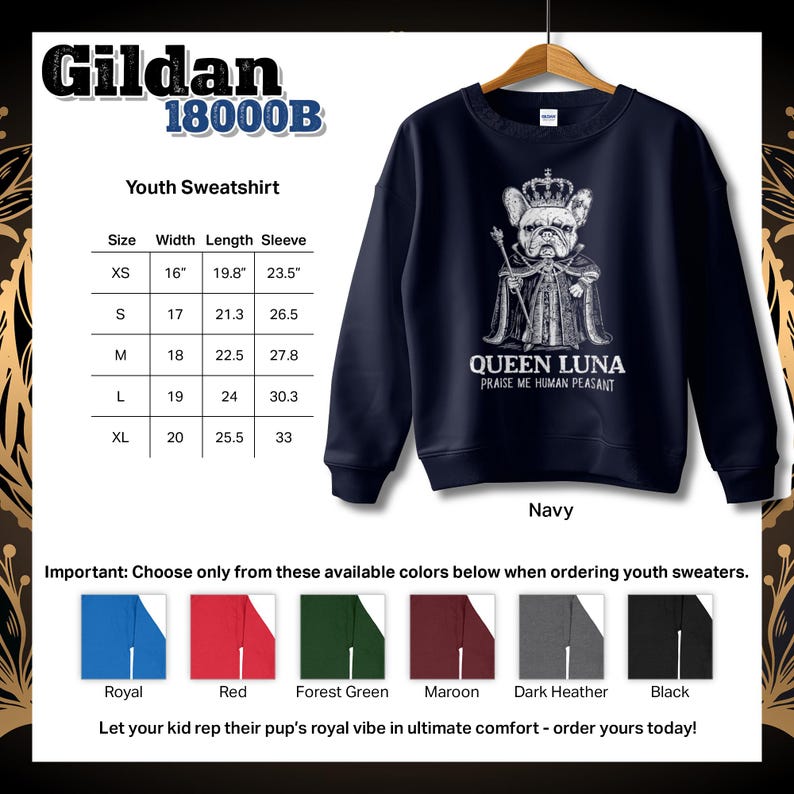 French Bulldog Lover apparel with a personalized royal Frenchie design. Unique Frenchie sweatshirt, perfect gift for dog owners, ideal for any occasion.