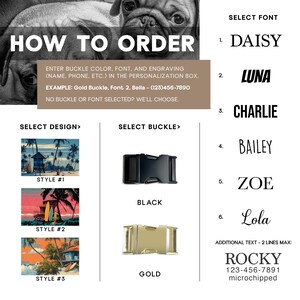 May include: Image showing options for a personalized dog collar. Includes design styles with beach scenes, buckle colors (black and gold), and font choices. Instructions on how to order are provided, along with an example and a note about default settings.