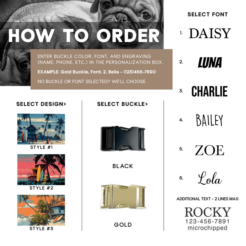 May include: Image showing options for a personalized dog collar. Includes design styles with beach scenes, buckle colors (black and gold), and font choices. Instructions on how to order are provided, along with an example and a note about default settings.