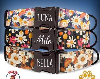 Retro 70s Daisy Dog Collar, Hippie Dog Collar Personalized, Custom Dog Collar, Metal Buckle, Dog Name, Matching Dog Collar and Leash, HC47