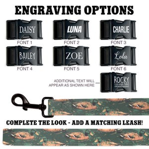 May include: A black dog collar with a variety of font options for engraving. The collar is shown with a matching leash with a duck pattern. The text on the collar reads "ENGRAVING OPTIONS", "DAISY", "FONT 1", "BAILEY", "FONT 4", "LUNA", "FONT 2", "ZOE", "FONT 5", "CHARLIE", "FONT 3", "Lola", "FONT 6", "ROCKY", "123-456-7891", "microchipped", "ADDITIONAL TEXT WILL APPEAR AS SHOWN HERE", and "COMPLETE THE LOOK - ADD A MATCHING LEASH!"