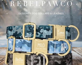 Winter Camo Dog Collar, Camouflage Dog Collar Personalized, Custom Dog Collar Engraved Pet Name, Dog Collar Leash, Metal Buckle, HC217