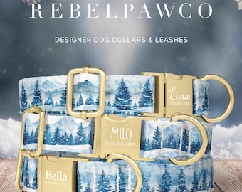 Forest and Mountain Dog Collars Personalized, Winter Dog Collar Engraved Name, Custom Dog Collar Adjustable, Nature Dog Collar, HC206