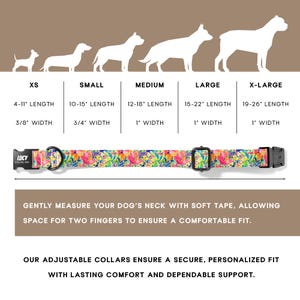May include: A colorful floral dog collar with gold-colored hardware. The collar is shown with size guides for small, medium, large, and x-large dogs, with length and width measurements in inches. The brand name "LUCY" is visible on the collar.