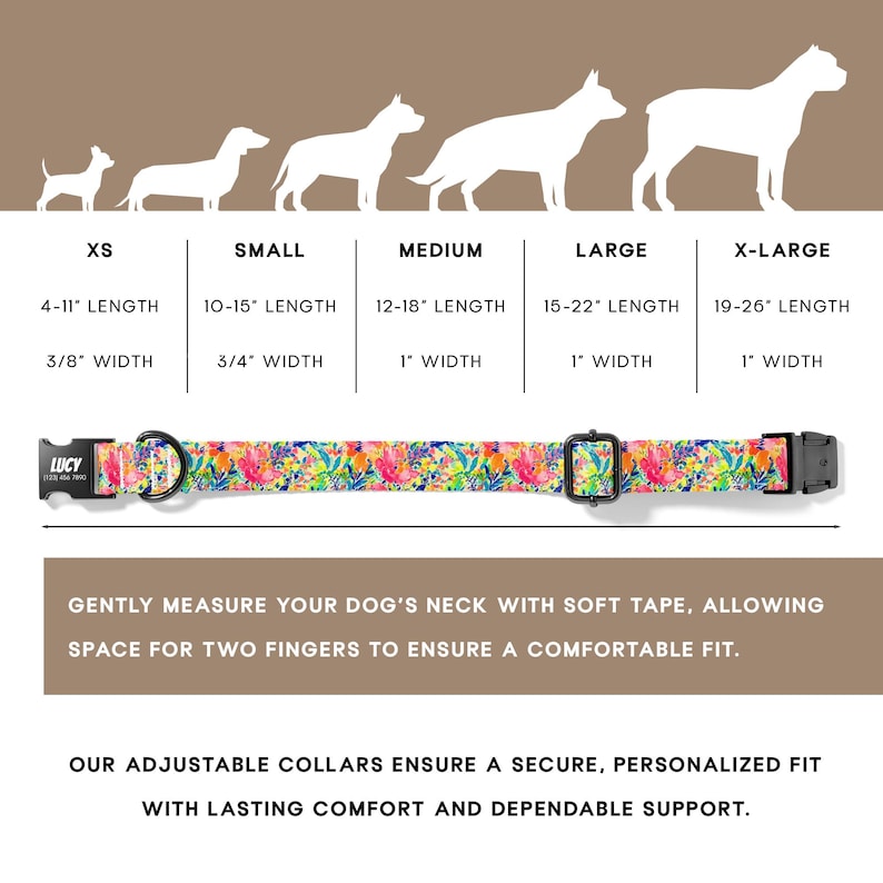 May include: A colorful floral dog collar with gold-colored hardware. The collar is shown with size guides for small, medium, large, and x-large dogs, with length and width measurements in inches. The brand name "LUCY" is visible on the collar.