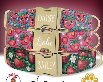 May include: Three dog collars with a strawberry pattern. The collars are gold with engraved names: Daisy, Lola, and Bailey. The text "Free Engraving" is below the collars.
