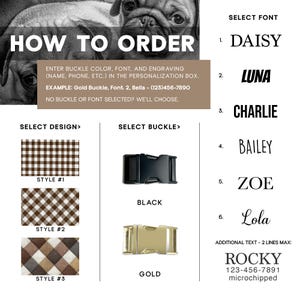 May include: Image showing instructions for ordering a personalized dog collar. Includes options for buckle color, font, and engraving. Features a black buckle and a gold buckle. Font options include Daisy, Luna, Charlie, Bailey, Zoe, and Lola.