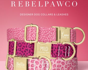 Pink Leopard Print Dog Collar Personalized, Custom Pink Cheetah Print Dog Collar with Name, Girl Dog Collar Animal Print, Leash Set, HC112
