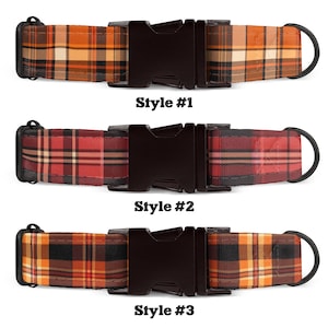 May include: Three dog collars with black plastic buckles and metal D-rings. The collars feature plaid patterns in orange, brown, and red. Each collar is labeled with a style number: #1, #2, and #3.