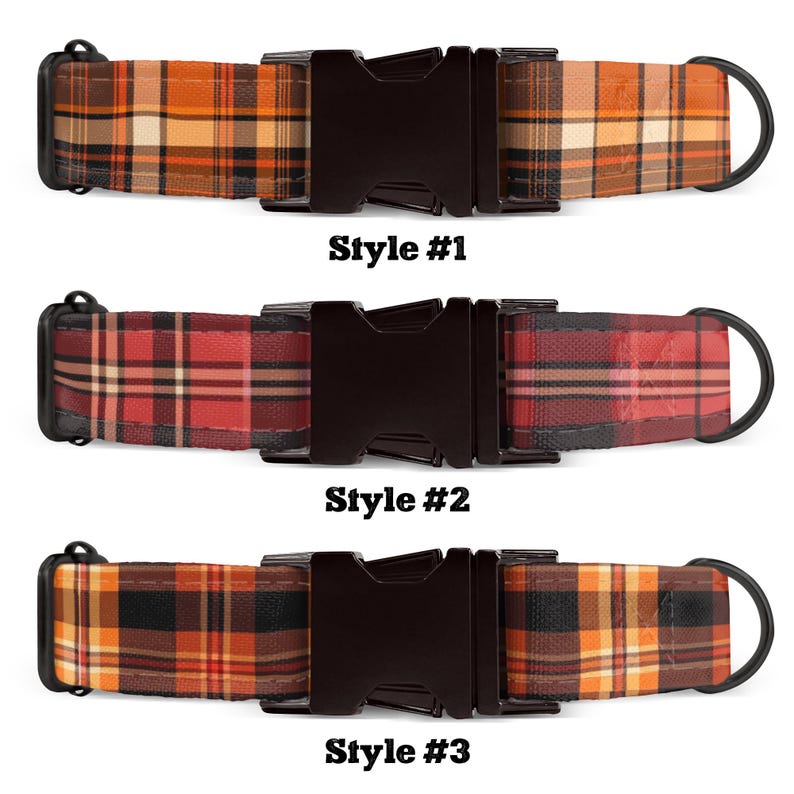 May include: Three dog collars with black plastic buckles and metal D-rings. The collars feature plaid patterns in orange, brown, and red. Each collar is labeled with a style number: #1, #2, and #3.