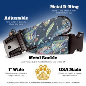 May include: A 1-inch wide adjustable dog collar with a colorful fish print. The collar features a metal D-ring, a metal buckle, and is made in the USA. The text "Adjustable" and "Metal D-Ring" are visible in the image.