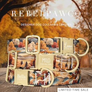 Fall Dog Collar Personalized, Custom Engraved Autumn Dog Collar, Mountain Dog Collar and Leash Set, Nature Dog Collar, Pumkin Season, HC88