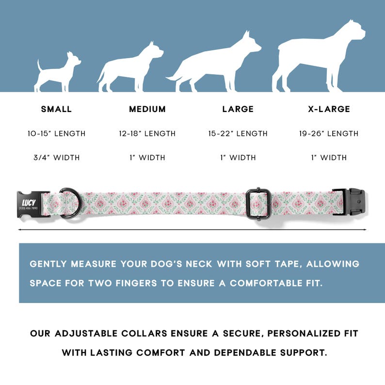 Dog collar size guide showing how to measure your dog’s neck for a secure and comfortable fit. The adjustable design allows flexibility for small and medium dogs while maintaining a structured and supportive feel.