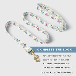 Matching collar and leash set available in coordinating floral patterns for a complete, polished look. Designed for comfort and durability, the leash pairs seamlessly with the adjustable dog collar while maintaining a cohesive and stylish appearance.