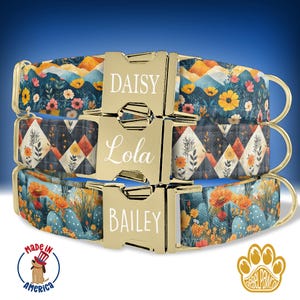 Botanical Dog Collar, Cactus Dog Collar Personalized,  Floral Dog Collar with Engraved Plate, Name Metal Buckle, Match Collar Leash, HC41