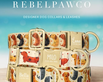 Sausage Dog Collar Personalized, Dachshund Dog Collar, Wiener Dog Gifts, Adjustable Pet Collar, Metal Buckle Engraving, Leash Set, HC150