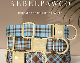 Chocolate Brown Ice Blue Plaid Dog Collar, Modern Preppy Personalized Dog Collar, Custom Name Luxury Pet Collar, Tartan Adjustable, HC313