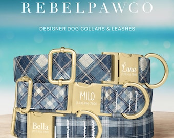 May include: Designer dog collars and leashes with a blue plaid pattern. The collars have gold-colored buckles and D-rings. The names "Luna", "Milo", and "Bella" are engraved on the buckles. The text "REBELPAWCO" and "LIMITED-TIME SALE" are also visible.