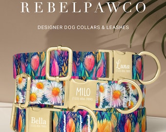 Flower Watercolor Dog Collar, Daisy Print Dog Collar Engraved, Spring Summer Floral Dog Collar, Adjustable Collar, Matching Leash Set, HC111