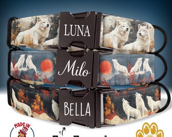 May include: Three dog collars featuring a wolf design. The collars are black with silver buckles and have the names "Luna", "Milo", and "Bella" engraved on them. The collars are made in the USA and offer free engraving.