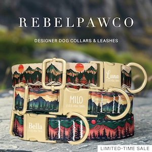 Puede incluir: Collares de diseño para perros con estampados de montañas y puestas de sol. Los collares tienen hebillas y anillas en D doradas. Los nombres "Luna", "Milo" y "Bella" están grabados en las hebillas, junto con números de teléfono. También se ve el texto "REBELPAWCO" y "LIMITED-TIME SALE".
