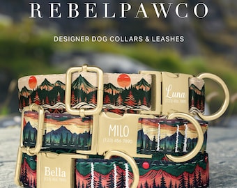 Mountain Personalized Dog Collar Forest, Custom Collars for Boy Dogs, Trees Dog Collar with Name, PNW Print, Collar and Leash Set, HC198