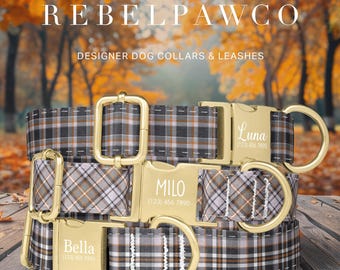 Retro Fall Plaid Dog Collar Personalized, Autumn Dog Collar Leash Set, Tartan Dog Collar with Metal Buckle, Adjustable Pet Collar, HC192