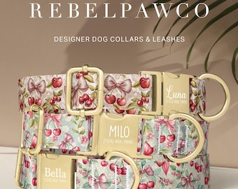 May include: Three designer dog collars with cherry and bow patterns. Each collar has a gold-colored buckle and a D-ring. The collars are personalized with the names "Bella", "Milo", and "Luna" and phone numbers. The text "REBELPAWCO" and "DESIGNER DOG COLLARS & LEASHES" are visible.