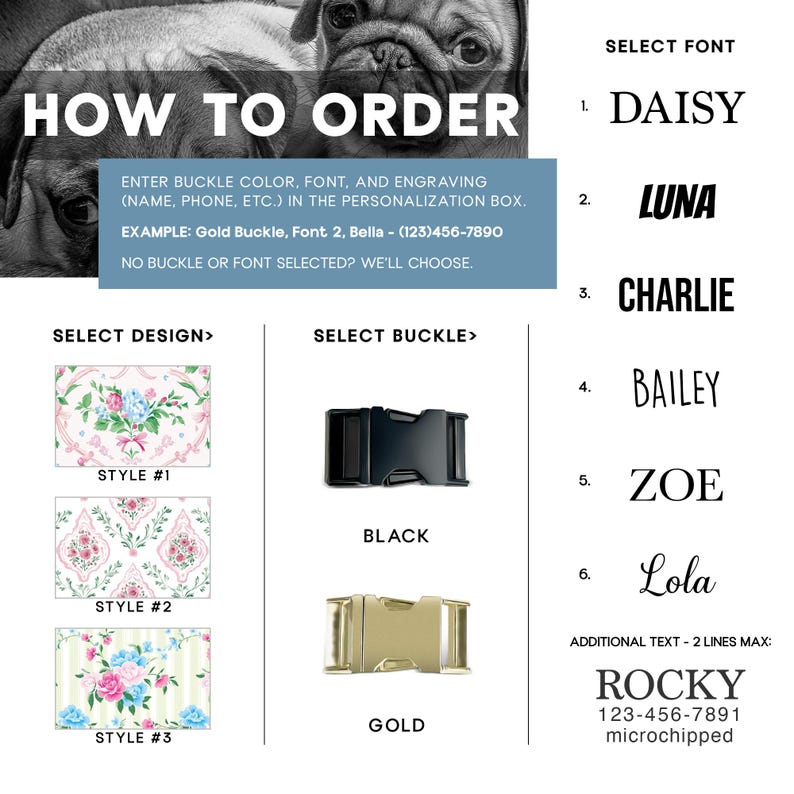 Personalized dog collar with name and phone number engraving options. Choose from multiple buckle finishes and font styles to create a custom collar that feels thoughtful and unique while maintaining the elegant floral design. A great option for a meaningful dog mom gift.