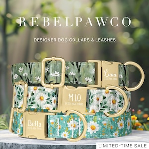 May include: Three designer dog collars with floral patterns and gold-colored hardware. The collars feature names and phone numbers. The top collar has a green background with white flowers. The middle collar has a white background with daisies. The bottom collar has a teal background with daisies.