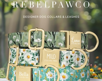 Collar para perro verde salvia con etiqueta personalizada, grabado floral, correa y estampado de margaritas blancas HC281