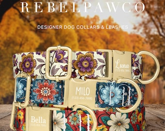 Boho Print Dog Collar Personalized, Dog Collar Floral Engraved, Custom Wedding Collar for Dogs, Collar and Leash Set, Adjustable, HC139
