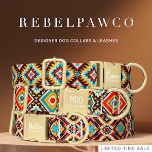 Tribal Dog Collar Personalized, Colorful Aztec Dog Collar, Boho Dog Collar with Engraved Name, Metal Buckle, Matching Collar Leash, HC108